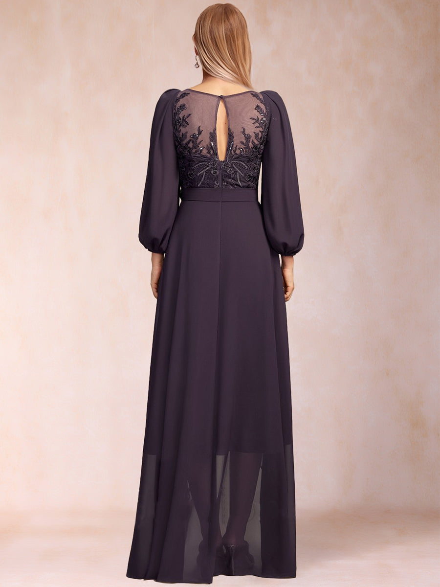 A-Line/Princess 3/4 Sleeves V-Neck Illusion Asymmetrical Floor-Length Mother of the Bride Dresses With  Sequins & Sash