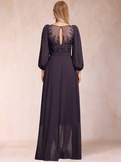 A-Line/Princess 3/4 Sleeves V-Neck Illusion Asymmetrical Floor-Length Mother of the Bride Dresses With  Sequins & Sash