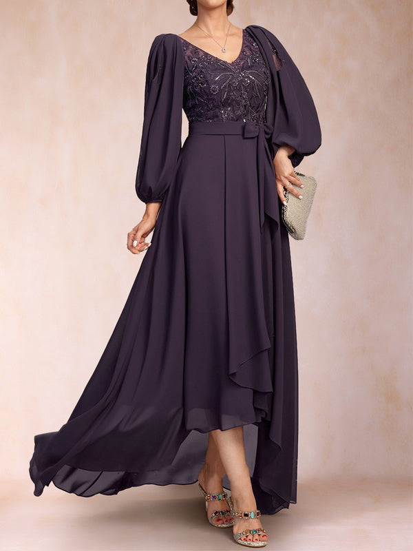 A-Line/Princess 3/4 Sleeves V-Neck Illusion Asymmetrical Floor-Length Mother of the Bride Dresses With  Sequins & Sash