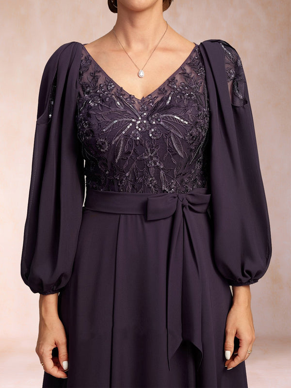 A-Line/Princess 3/4 Sleeves V-Neck Illusion Asymmetrical Floor-Length Mother of the Bride Dresses With  Sequins & Sash