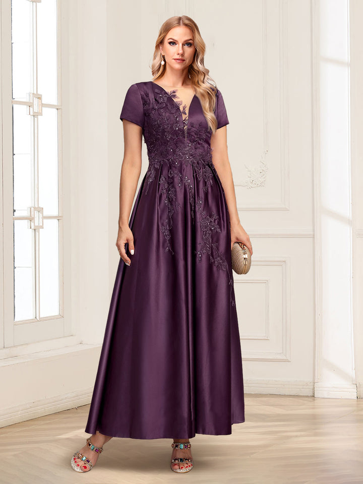 Satin A-Line/Princess Illusion Scoop Short Sleeves Ankle-Length Mother of the Bride Dresses with 3D Floral Sequins