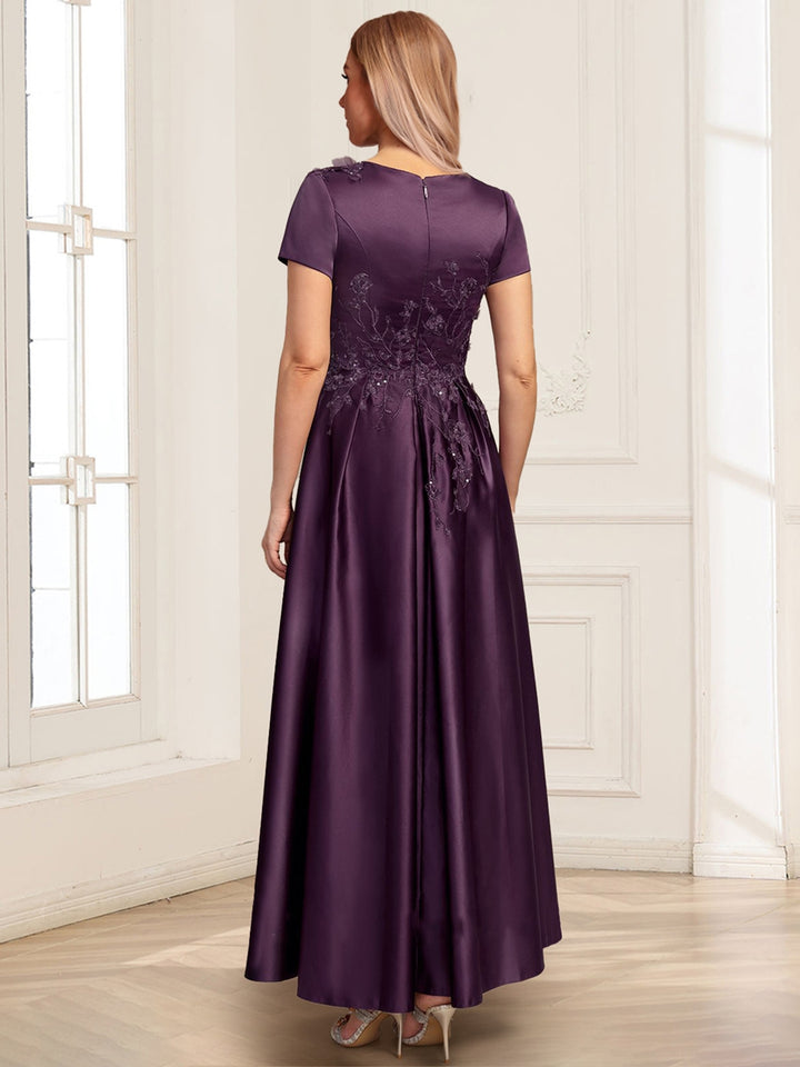 Satin A-Line/Princess Illusion Scoop Short Sleeves Ankle-Length Mother of the Bride Dresses with 3D Floral Sequins