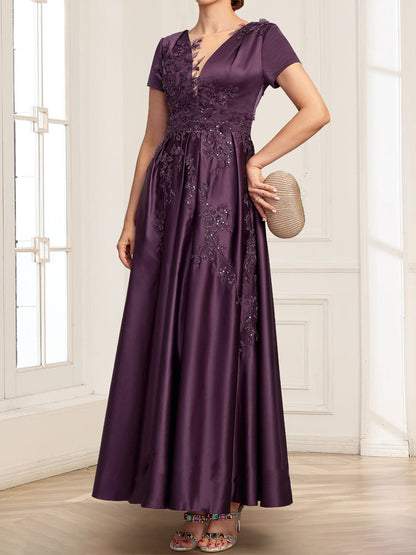 Satin A-Line/Princess Illusion Scoop Short Sleeves Ankle-Length Mother of the Bride Dresses with 3D Floral Sequins
