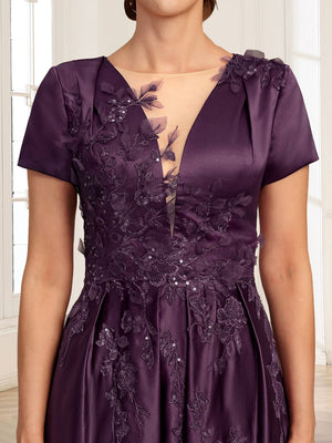 Satin A-Line/Princess Illusion Scoop Short Sleeves Ankle-Length Mother of the Bride Dresses with 3D Floral Sequins