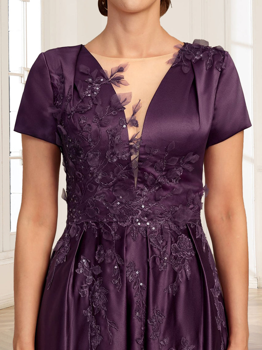 Satin A-Line/Princess Illusion Scoop Short Sleeves Ankle-Length Mother of the Bride Dresses with 3D Floral Sequins