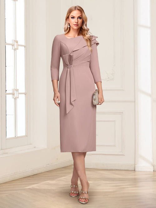 Sheath/Column Asymmetrical V-neck 3/4 Sleeves Tea-Length Mother of the Bride Dresses with Pleats & Beading