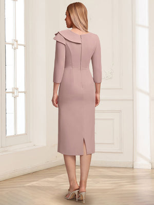 Sheath/Column Asymmetrical V-neck 3/4 Sleeves Tea-Length Mother of the Bride Dresses with Pleats & Beading