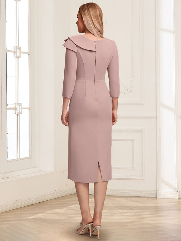 Sheath/Column Asymmetrical V-neck 3/4 Sleeves Tea-Length Mother of the Bride Dresses with Pleats & Beading