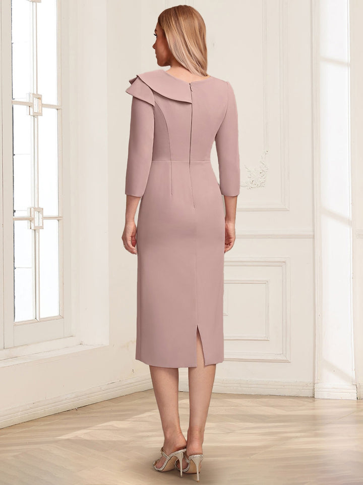 Sheath/Column Asymmetrical V-neck 3/4 Sleeves Tea-Length Mother of the Bride Dresses with Pleats &amp; Beading