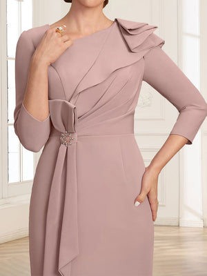 Sheath/Column Asymmetrical V-neck 3/4 Sleeves Tea-Length Mother of the Bride Dresses with Pleats & Beading