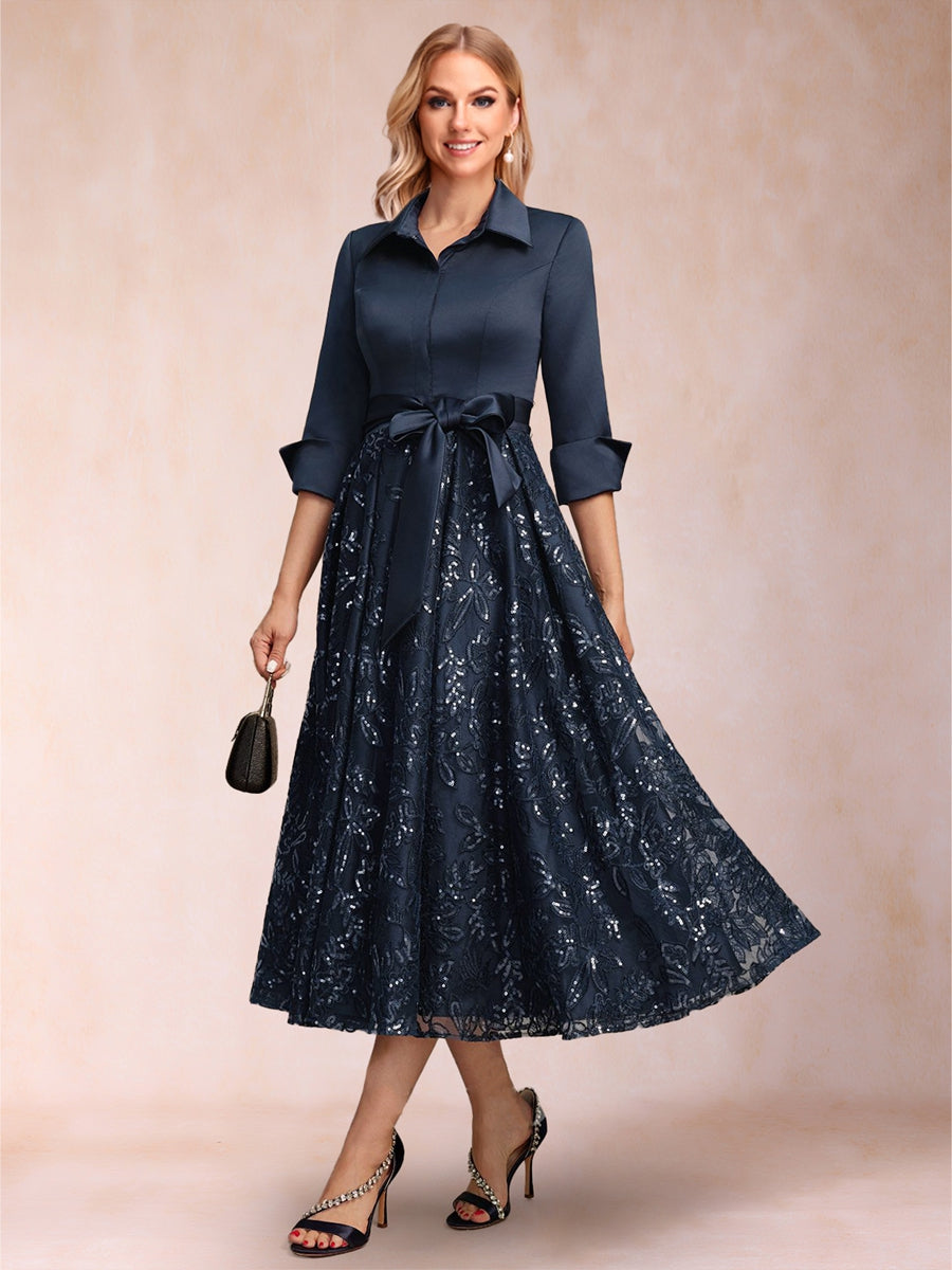A-Line/Princess Collared V-Neck Long Sleeves Tea-Length Mother of the Bride Dresses with Bow & Lace Sequin