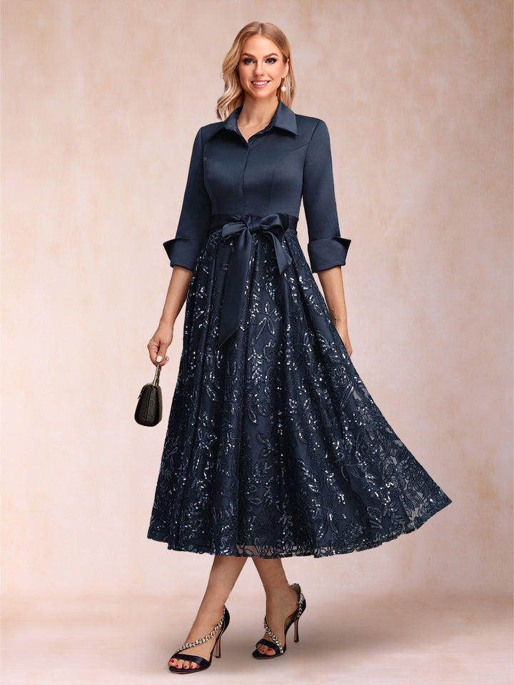 A-Line/Princess Collared V-Neck Long Sleeves Tea-Length Mother of the Bride Dresses with Bow &amp; Lace Sequin