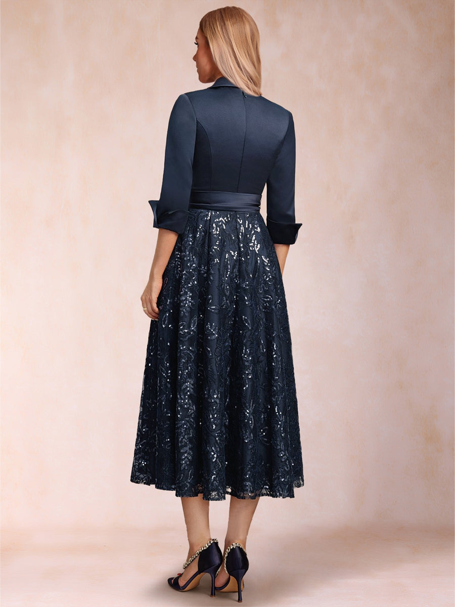 A-Line/Princess Collared V-Neck Long Sleeves Tea-Length Mother of the Bride Dresses with Bow & Lace Sequin