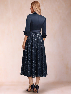 A-Line/Princess Collared V-Neck Long Sleeves Tea-Length Mother of the Bride Dresses with Bow & Lace Sequin