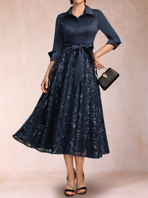 A-Line/Princess Collared V-Neck Long Sleeves Tea-Length Mother of the Bride Dresses with Bow & Lace Sequin