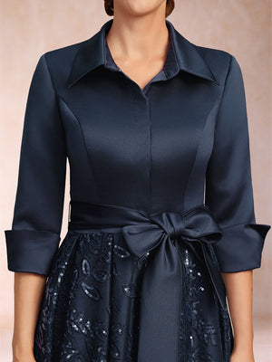 A-Line/Princess Collared V-Neck Long Sleeves Tea-Length Mother of the Bride Dresses with Bow & Lace Sequin