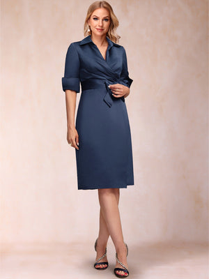 Sheath/Column Collared V-Neck Half Sleeves Knee-Length Mother of the Bride Dresses with Bow & Pleats
