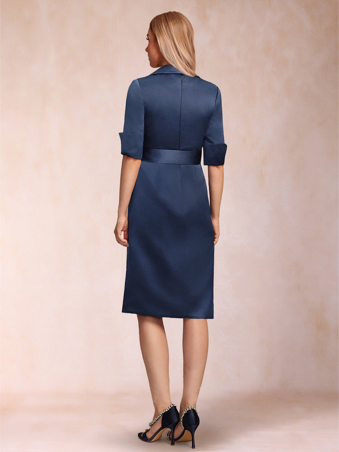 Sheath/Column Collared V-Neck Half Sleeves Knee-Length Mother of the Bride Dresses with Bow &amp; Pleats