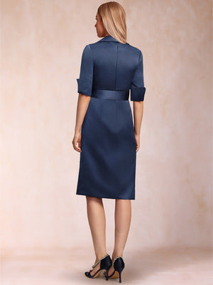 Sheath/Column Collared V-Neck Half Sleeves Knee-Length Mother of the Bride Dresses with Bow & Pleats