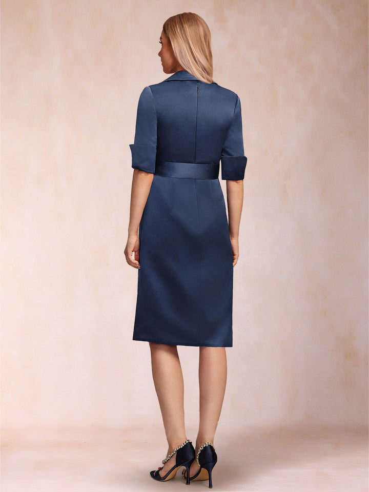 Sheath/Column Collared V-Neck Half Sleeves Knee-Length Mother of the Bride Dresses with Bow &amp; Pleats