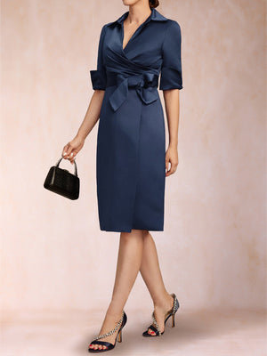 Sheath/Column Collared V-Neck Half Sleeves Knee-Length Mother of the Bride Dresses with Bow & Pleats