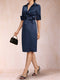 Sheath/Column Collared V-Neck Half Sleeves Knee-Length Mother of the Bride Dresses with Bow & Pleats