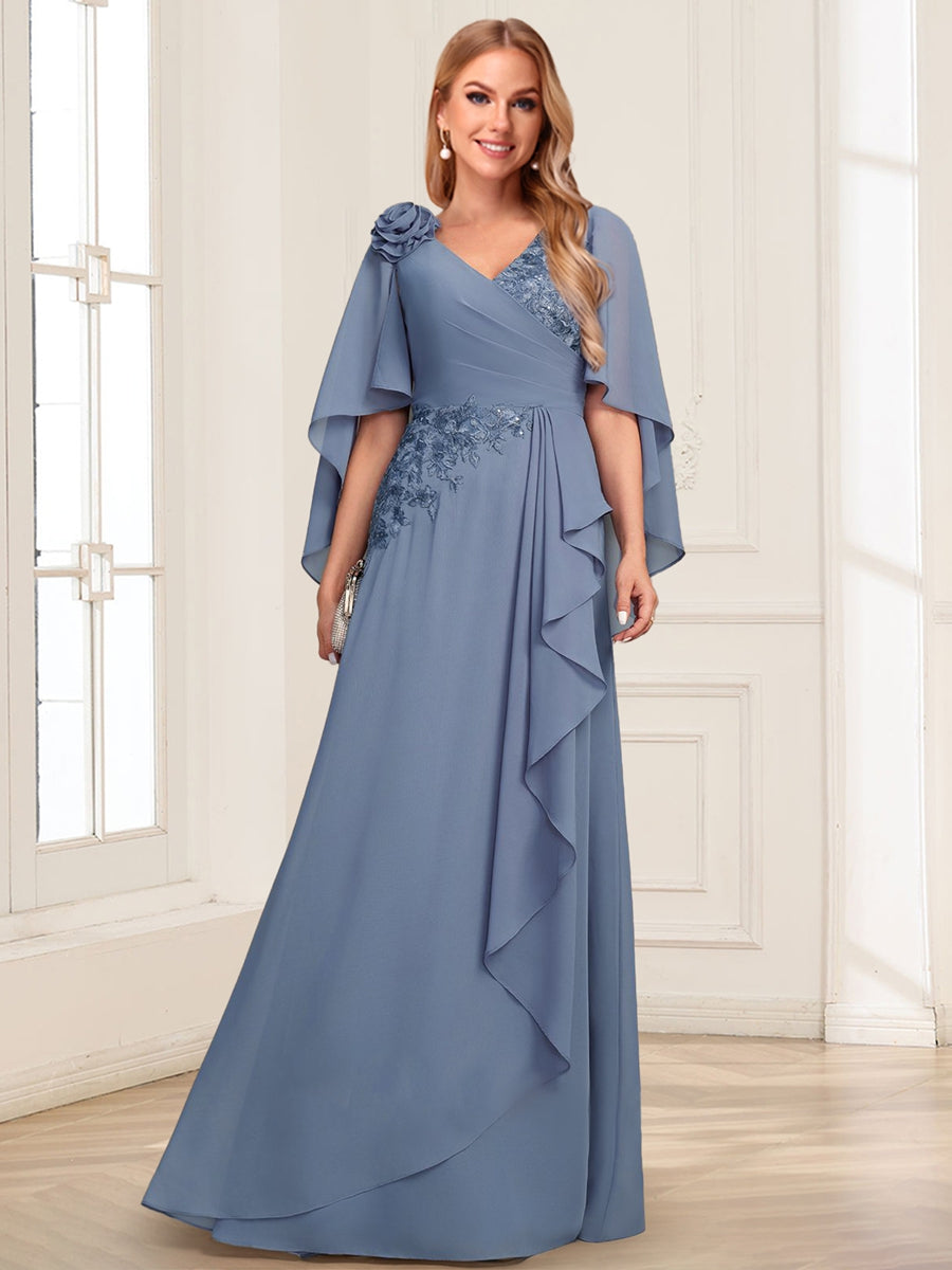 Chiffon A-Line V-Neck Floor-Length Mother Of The Bride Dresses With  3D Floral & Ruffles