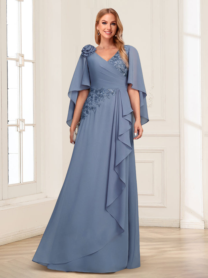 Chiffon A-Line V-Neck Floor-Length Mother Of The Bride Dresses With  3D Floral &amp; Ruffles