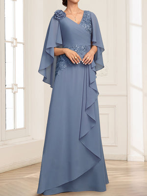 Chiffon A-Line V-Neck Floor-Length Mother Of The Bride Dresses With  3D Floral & Ruffles