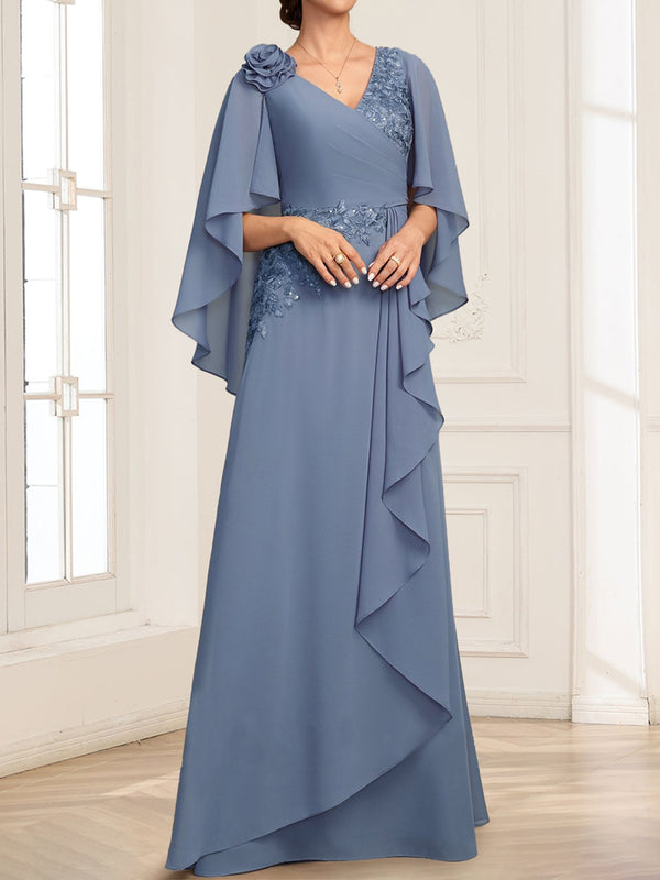 Chiffon A-Line V-Neck Floor-Length Mother Of The Bride Dresses With  3D Floral & Ruffles