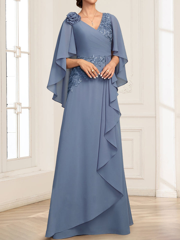 Chiffon A-Line V-Neck Floor-Length Mother Of The Bride Dresses With  3D Floral &amp; Ruffles