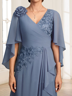 Chiffon A-Line V-Neck Floor-Length Mother Of The Bride Dresses With  3D Floral & Ruffles