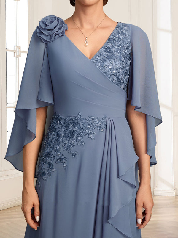 Chiffon A-Line V-Neck Floor-Length Mother Of The Bride Dresses With  3D Floral & Ruffles