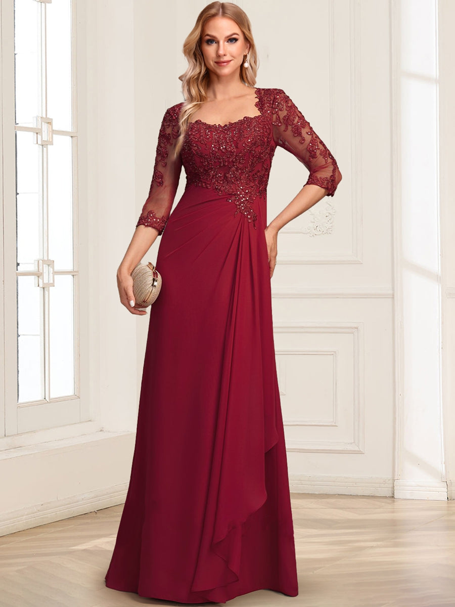 Lace Chiffon A-Line/Princess Square Neck Floor-Length Mother Of The Bride Dresses With Cascading Ruffles & Sequins