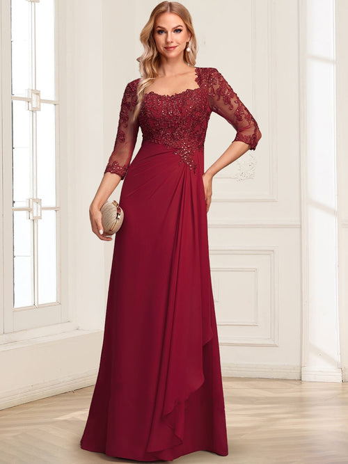 Lace Chiffon A-Line/Princess Square Neck Floor-Length Mother Of The Bride Dresses With Cascading Ruffles & Sequins