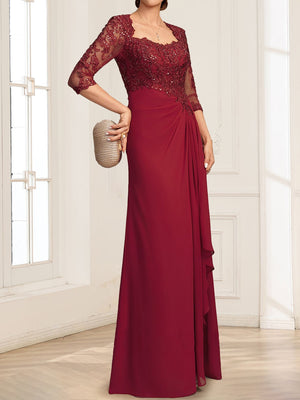 Lace Chiffon A-Line/Princess Square Neck Floor-Length Mother Of The Bride Dresses With Cascading Ruffles & Sequins