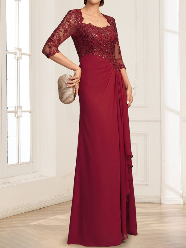 Lace Chiffon A-Line/Princess Square Neck Floor-Length Mother Of The Bride Dresses With Cascading Ruffles & Sequins