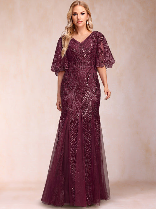 Trumpet/Mermaid V-Neck Floor-Length Half Sleeves Mother Of The Bride Dresses With Appliques Lace & Sequin