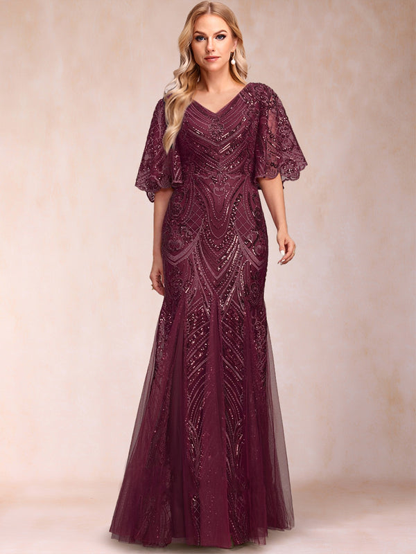 Trumpet/Mermaid V-Neck Floor-Length Half Sleeves Mother Of The Bride Dresses With Appliques Lace & Sequin