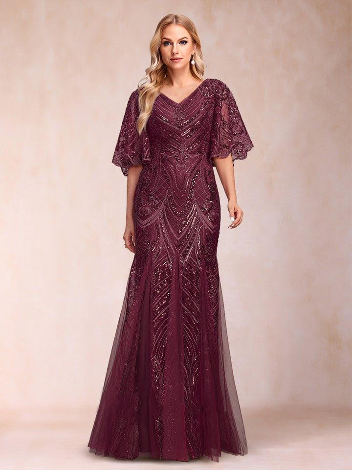 Trumpet/Mermaid V-Neck Floor-Length Half Sleeves Mother Of The Bride Dresses With Appliques Lace &amp; Sequin