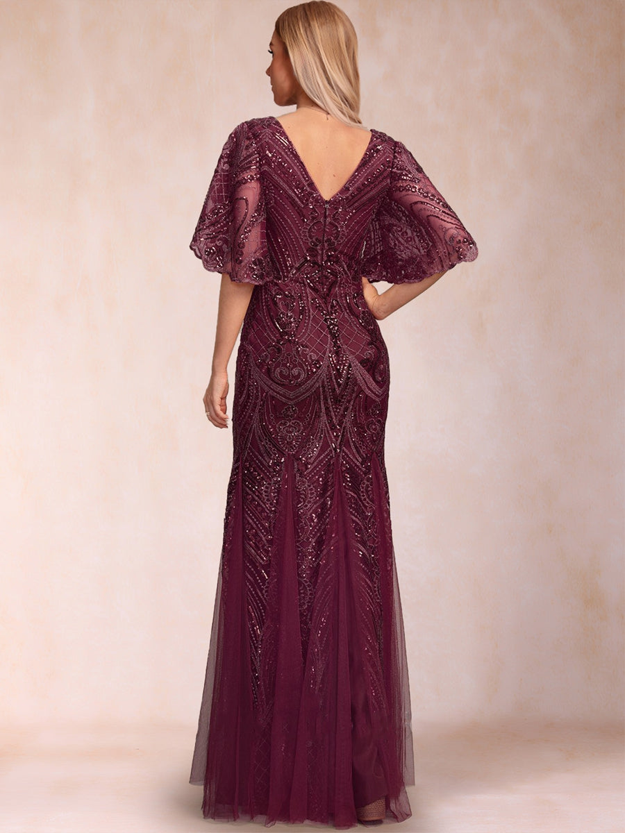 Trumpet/Mermaid V-Neck Floor-Length Half Sleeves Mother Of The Bride Dresses With Appliques Lace & Sequin