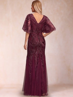 Trumpet/Mermaid V-Neck Floor-Length Half Sleeves Mother Of The Bride Dresses With Appliques Lace & Sequin