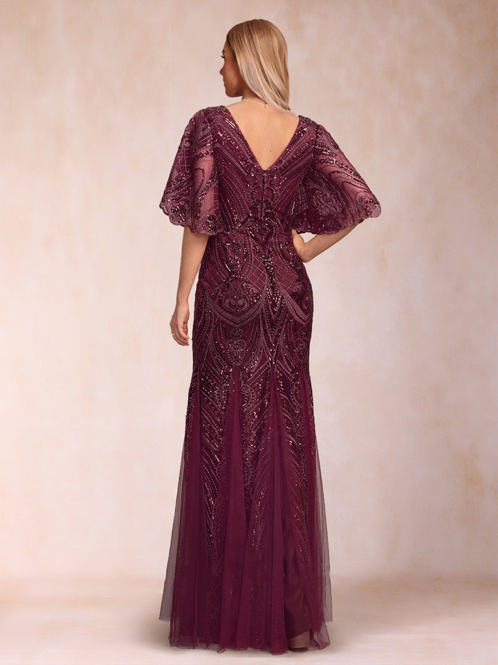 Trumpet/Mermaid V-Neck Floor-Length Half Sleeves Mother Of The Bride Dresses With Appliques Lace &amp; Sequin