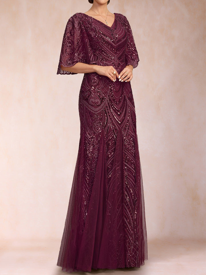 Trumpet/Mermaid V-Neck Floor-Length Half Sleeves Mother Of The Bride Dresses With Appliques Lace &amp; Sequin