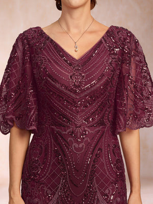 Trumpet/Mermaid V-Neck Floor-Length Half Sleeves Mother Of The Bride Dresses With Appliques Lace & Sequin