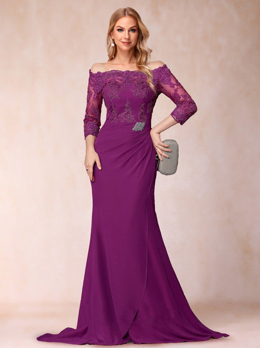 Trumpet/Mermaid Off-the-Shoulder Sweep train 3/4 Sleeves Mother Of The Bride Dresses With Appliques Lace & Split Side