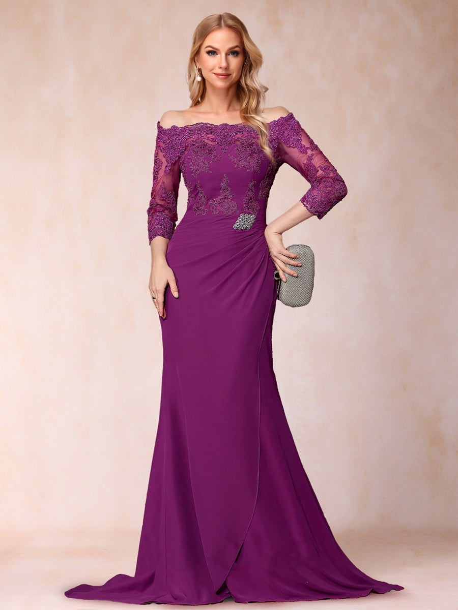 Trumpet/Mermaid Off-the-Shoulder Sweep train 3/4 Sleeves Mother Of The Bride Dresses With Appliques Lace & Split Side