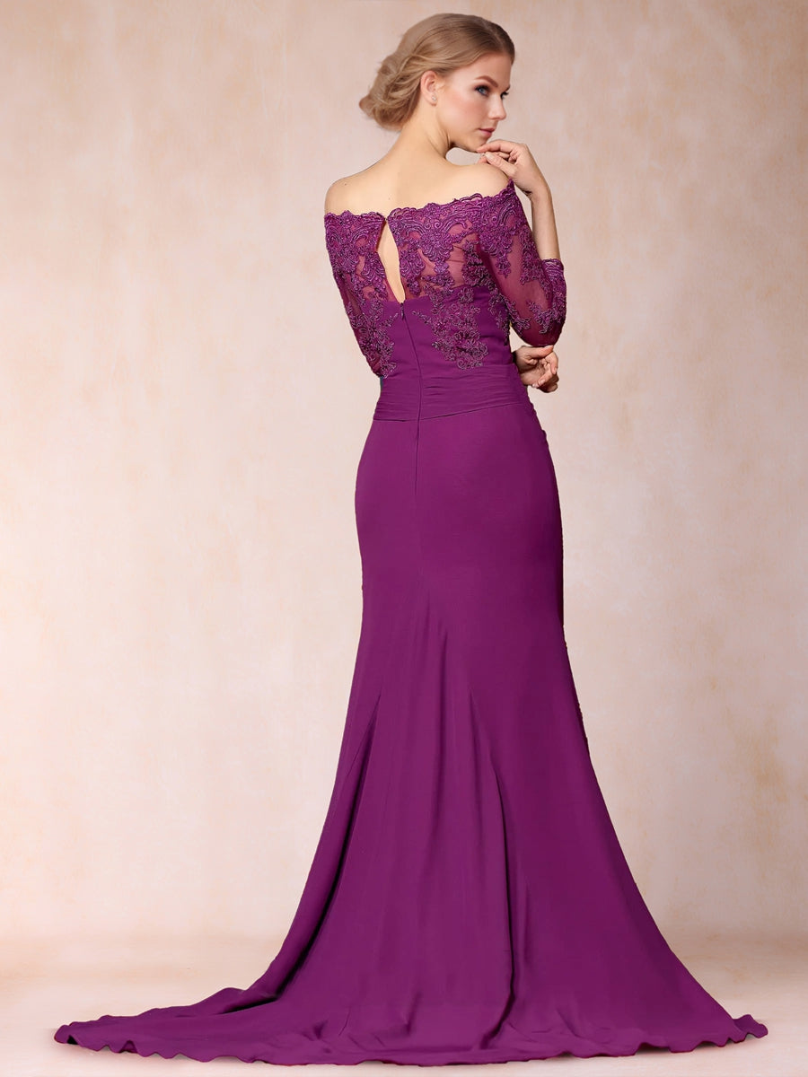 Trumpet/Mermaid Off-the-Shoulder Sweep train 3/4 Sleeves Mother Of The Bride Dresses With Appliques Lace & Split Side