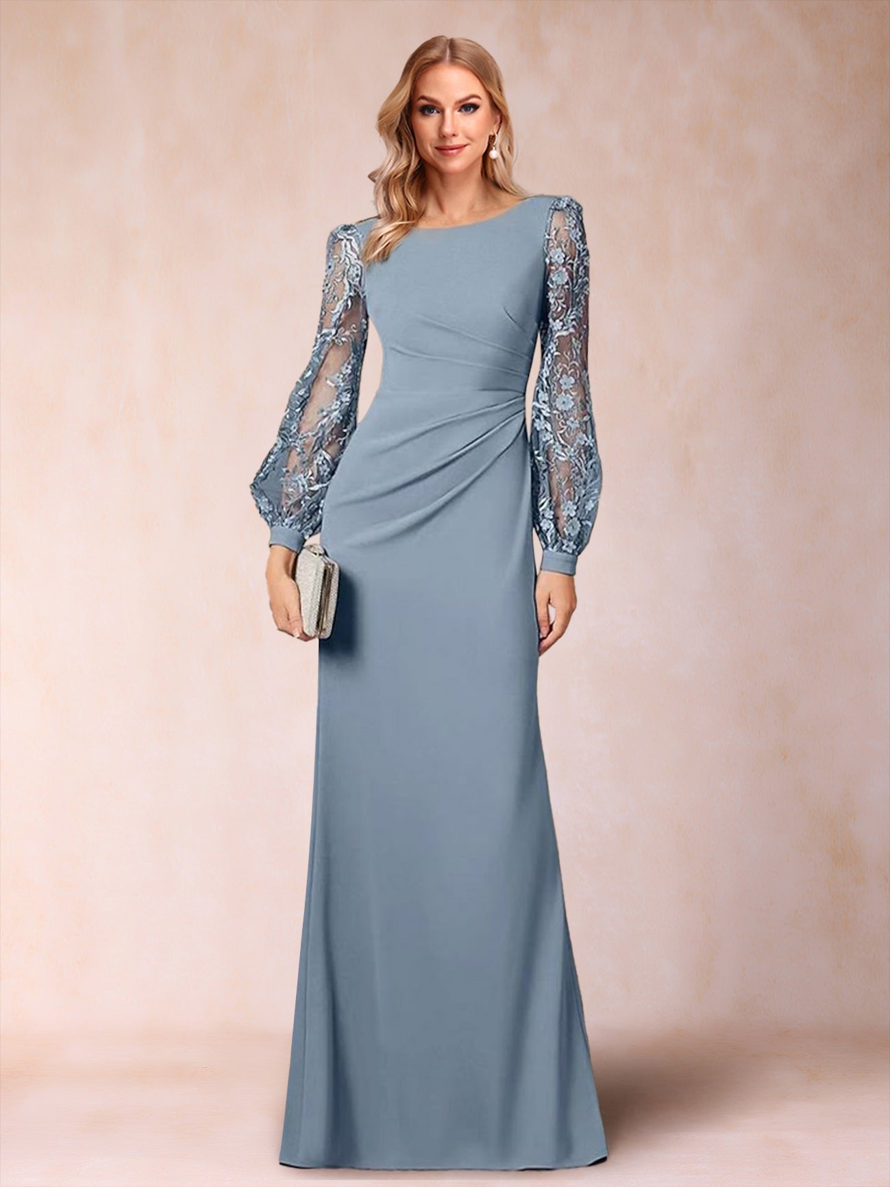 Sheath/Column Scoop Long Sleeves Floor-Length Chiffon Mother Of The Bride Dresses With Lace Embroidery