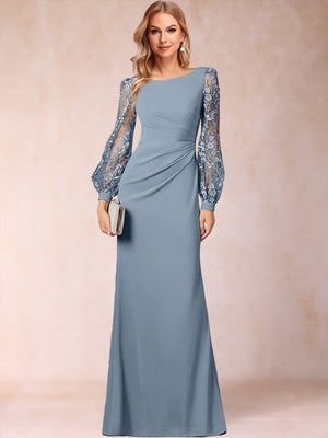 Sheath/Column Scoop Long Sleeves Floor-Length Chiffon Mother Of The Bride Dresses With Lace Embroidery